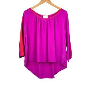 Aryn K Purple Orange Trim 100% Silk Gathered Scoop Neck 3/4 Sleeve Hi Low Blouse